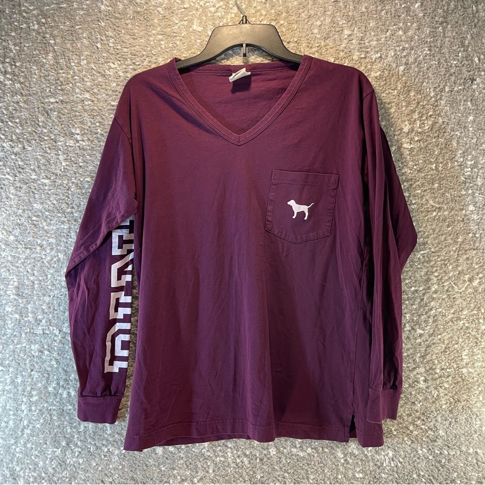PINK Victoria's Secret V-Neck Pocket Long Sleeve Top in Burgundy Women's Small.
